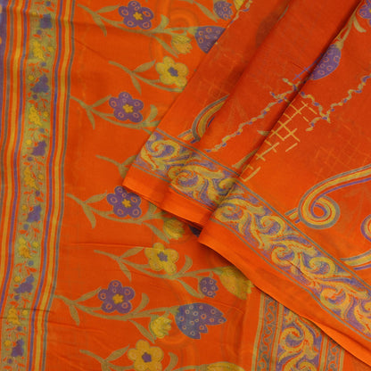 Women Vintage Orange Saree Blend Chiffon Printed Sari Craft Fabric Sewing 6Yd Soft Light Sari Dress Making Floral Crafting Quilting Upcycle