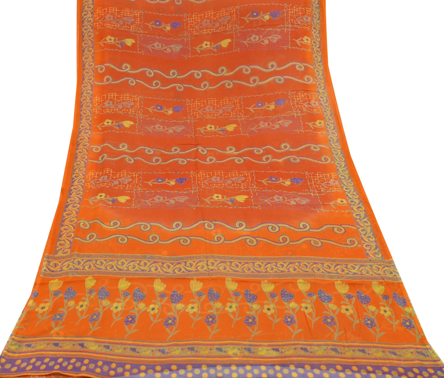 Women Vintage Orange Saree Blend Chiffon Printed Sari Craft Fabric Sewing 6Yd Soft Light Sari Dress Making Floral Crafting Quilting Upcycle