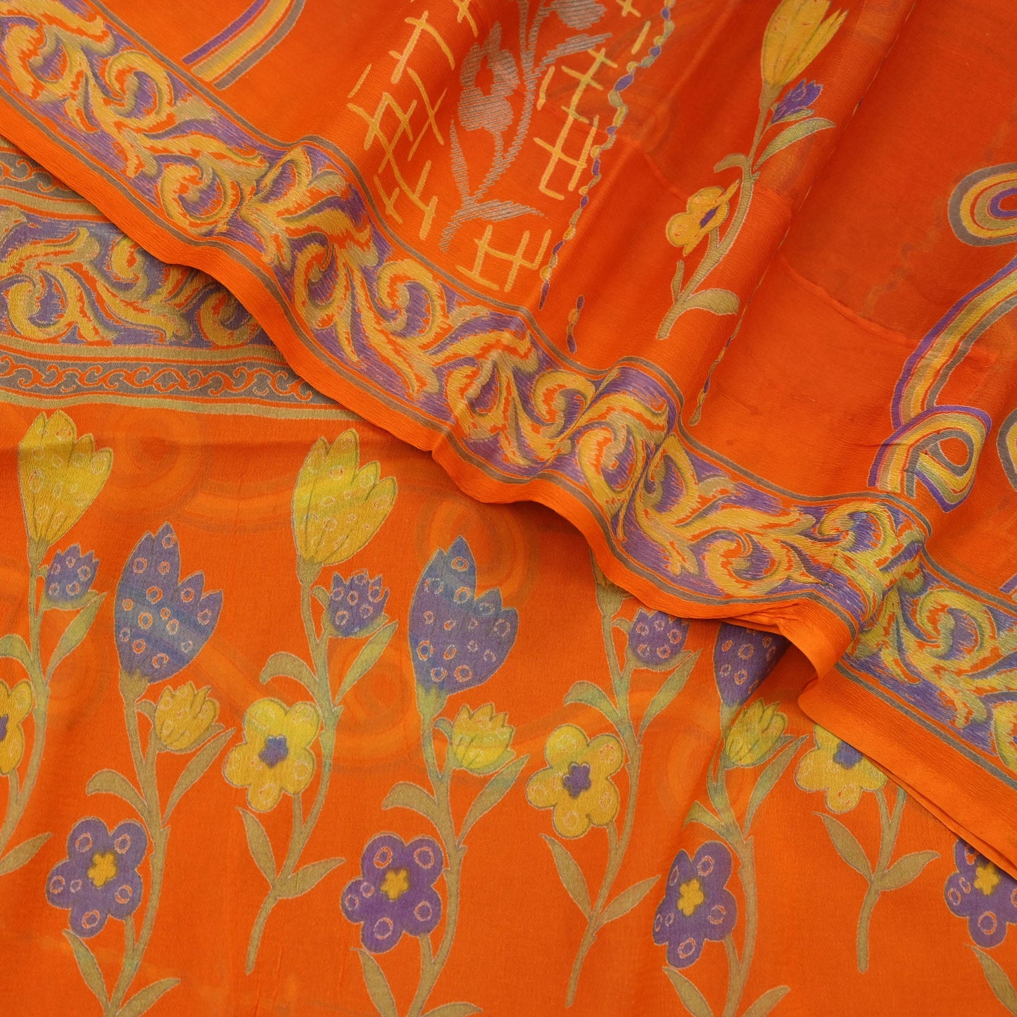 Women Vintage Orange Saree Blend Chiffon Printed Sari Craft Fabric Sewing 6Yd Soft Light Sari Dress Making Floral Crafting Quilting Upcycle