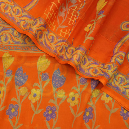 Women Vintage Orange Saree Blend Chiffon Printed Sari Craft Fabric Sewing 6Yd Soft Light Sari Dress Making Floral Crafting Quilting Upcycle