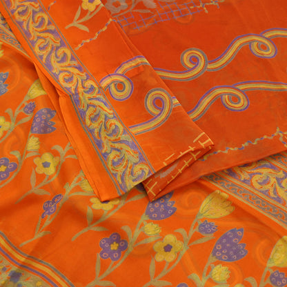 Women Vintage Orange Saree Blend Chiffon Printed Sari Craft Fabric Sewing 6Yd Soft Light Sari Dress Making Floral Crafting Quilting Upcycle