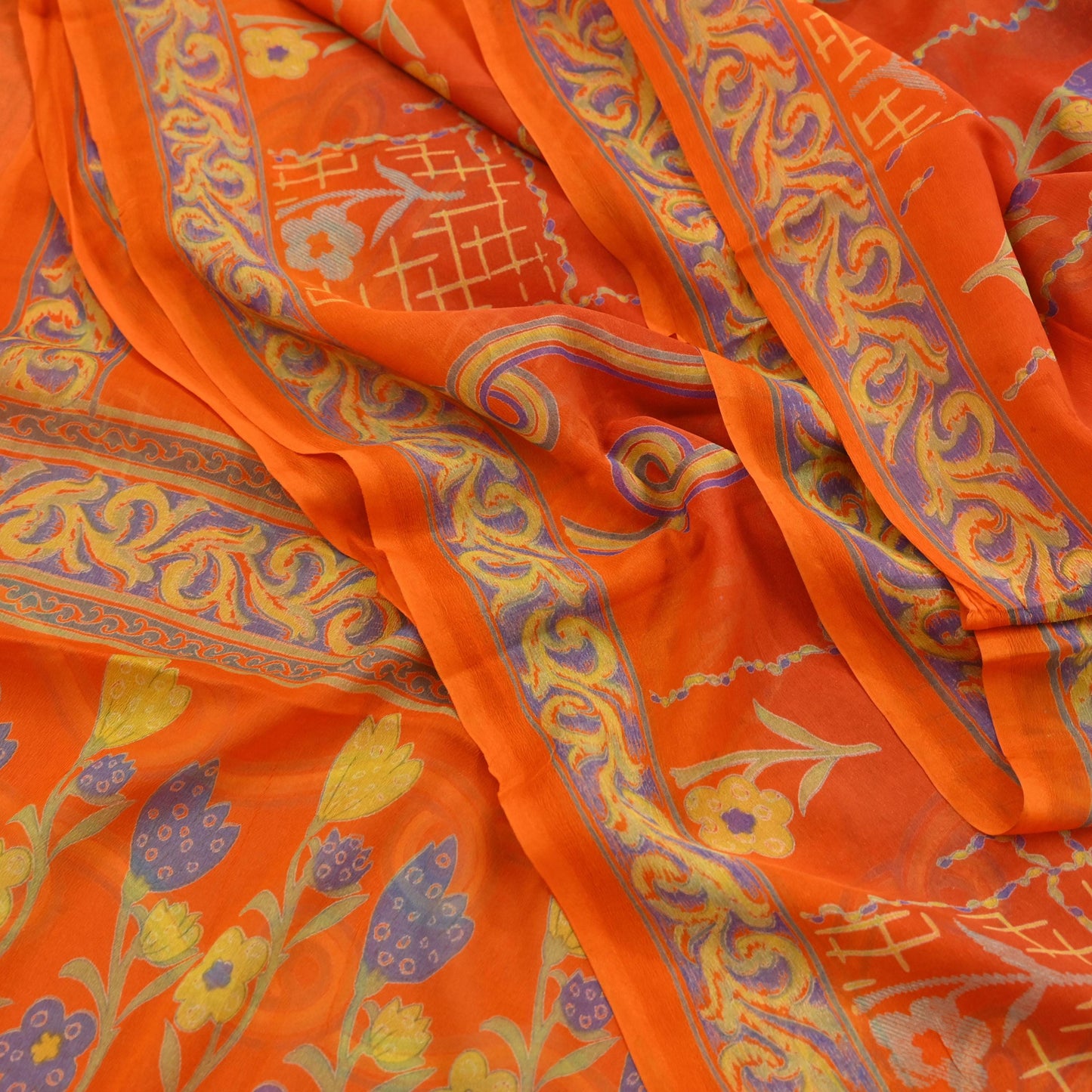 Women Vintage Orange Saree Blend Chiffon Printed Sari Craft Fabric Sewing 6Yd Soft Light Sari Dress Making Floral Crafting Quilting Upcycle