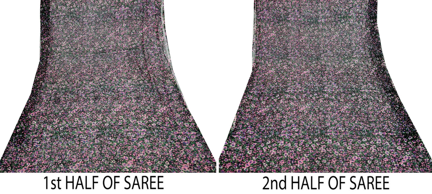 Women Vintage Sari Black Pure Chiffon Silk Printed Saree Craft Fabric Sewing 5Yd Soft Light Sari Dress Making Quilting Crafting Upcycle