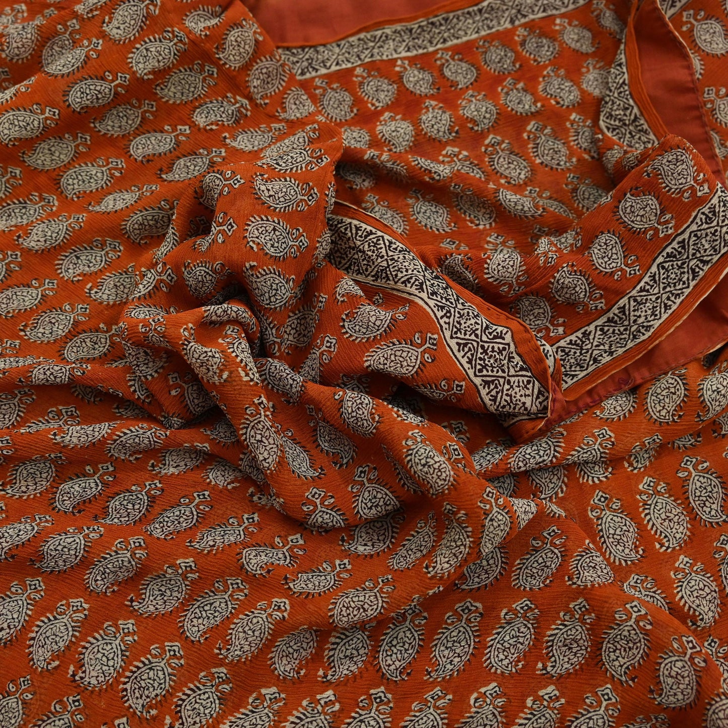 Indian Vintage Sari Orange & Brown Pure Chiffon Silk Printed Sarees Craft Fabric Sewing 5Yard Soft Light Sari Dress Making Quilting