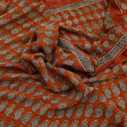 Indian Vintage Sari Orange & Brown Pure Chiffon Silk Printed Sarees Craft Fabric Sewing 5Yard Soft Light Sari Dress Making Quilting