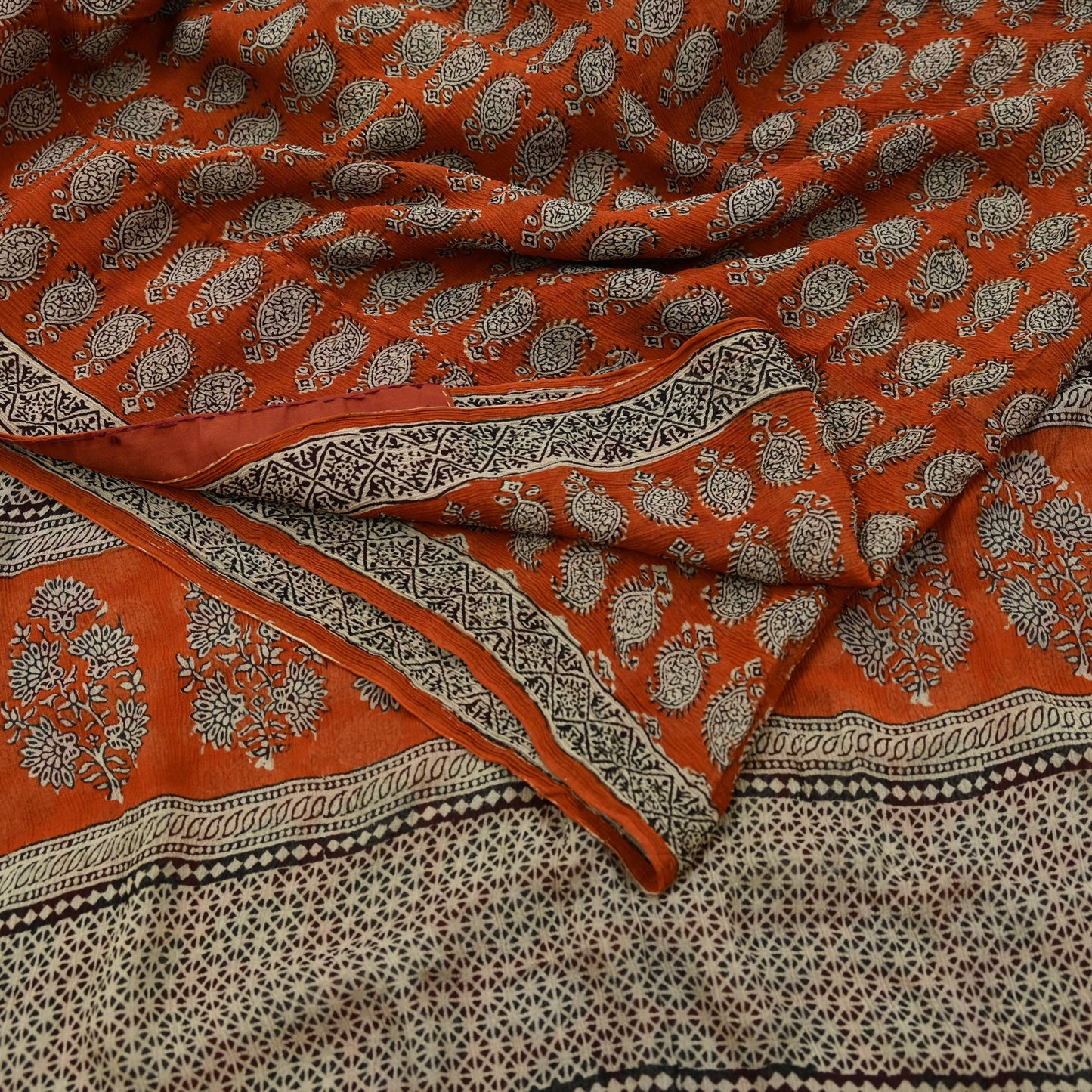 Indian Vintage Sari Orange & Brown Pure Chiffon Silk Printed Sarees Craft Fabric Sewing 5Yard Soft Light Sari Dress Making Quilting