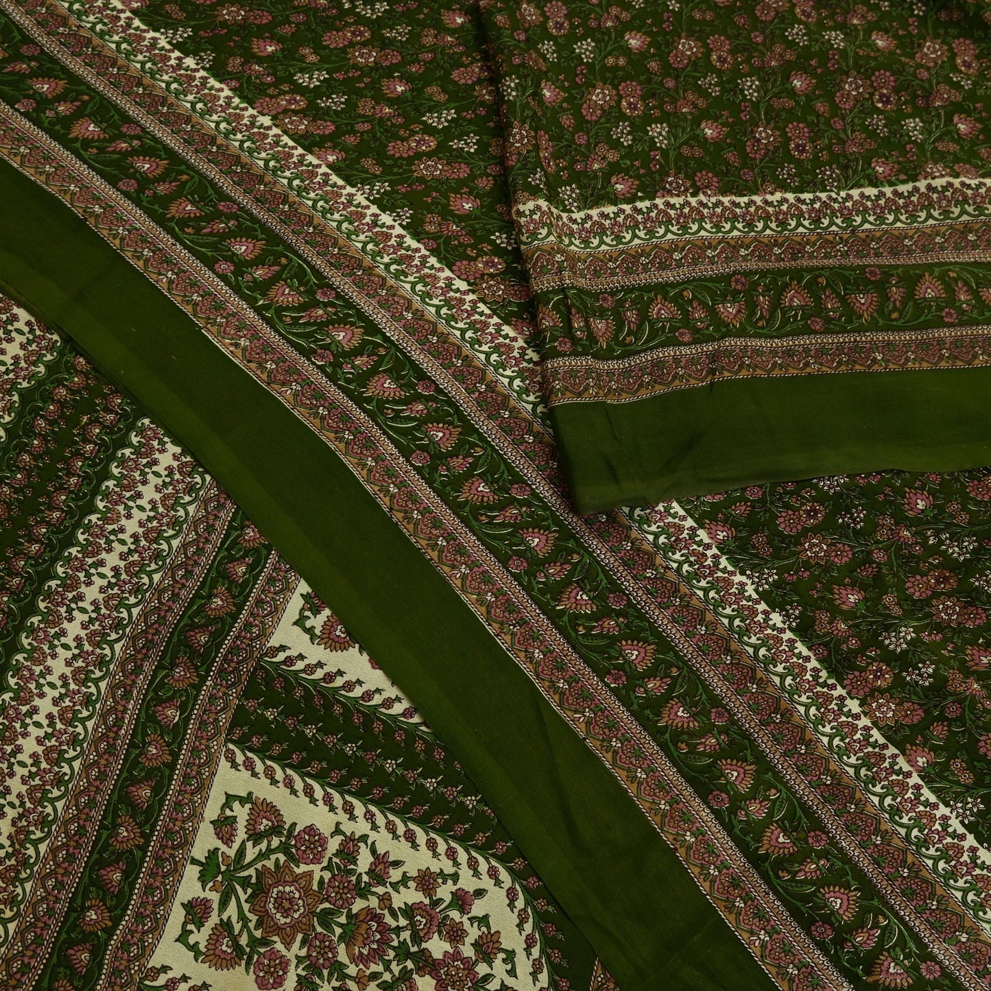 Indian Vintage Sari Green Pure Silk Printed Sarees 6yd Sewing Craft Fabric Dress Making  Soft Floral Wrap Upcycle Used Quilting Crafting