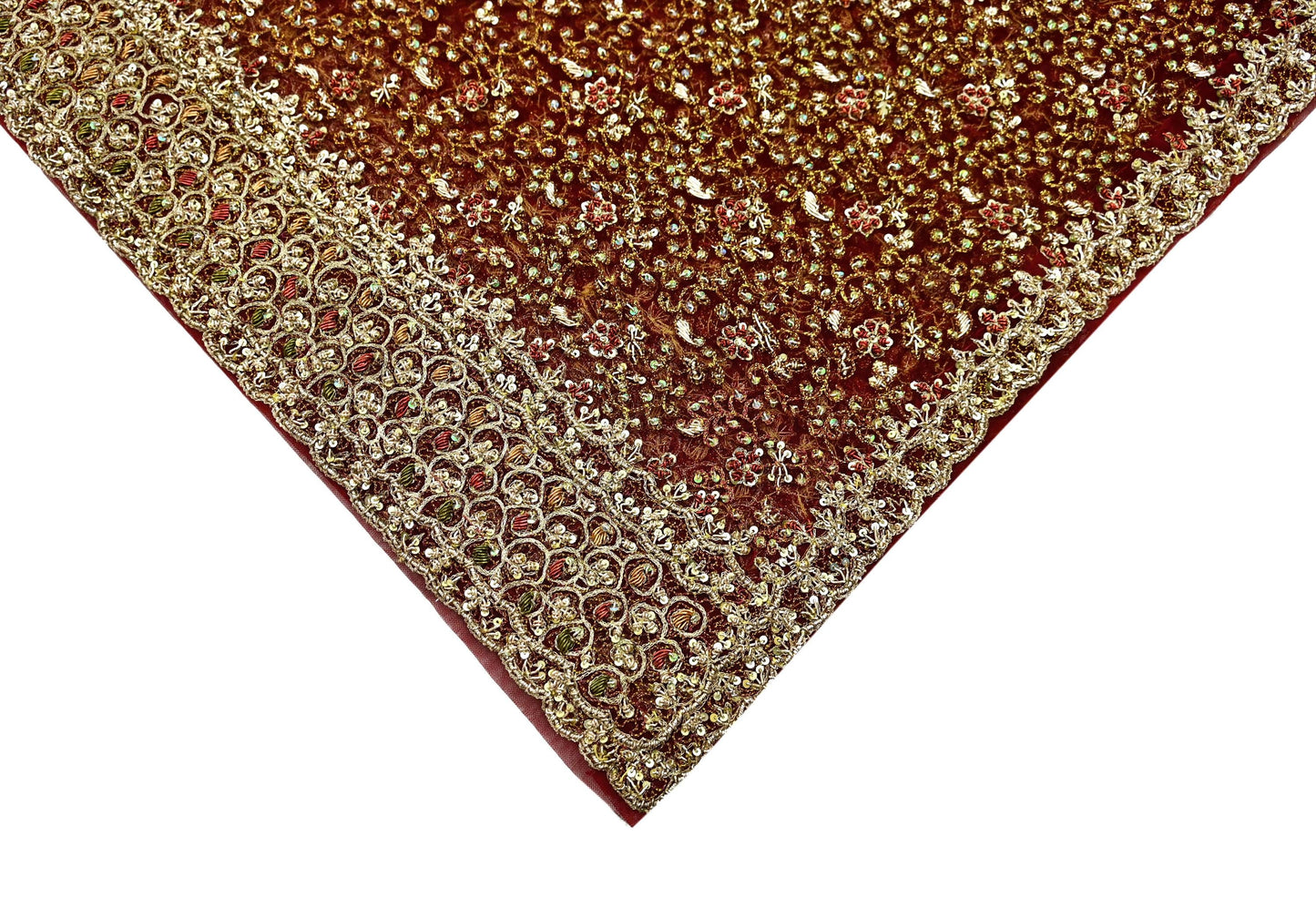 Indian Vintage Heavy Wedding Maroon Dupatta Net Mesh Long Stole Hand Embroidered Scarves Golden Zardozi Zari Sequins Dridal Veil Hijab