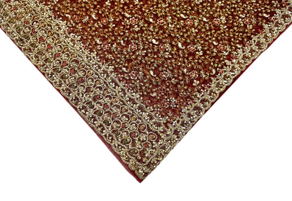 Indian Vintage Heavy Wedding Maroon Dupatta Net Mesh Long Stole Hand Embroidered Scarves Golden Zardozi Zari Sequins Dridal Veil Hijab