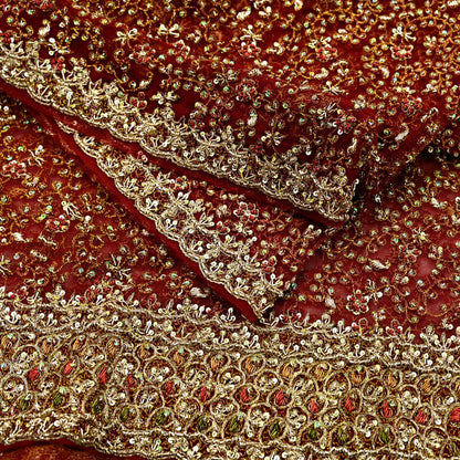 Indian Vintage Heavy Wedding Maroon Dupatta Net Mesh Long Stole Hand Embroidered Scarves Golden Zardozi Zari Sequins Dridal Veil Hijab