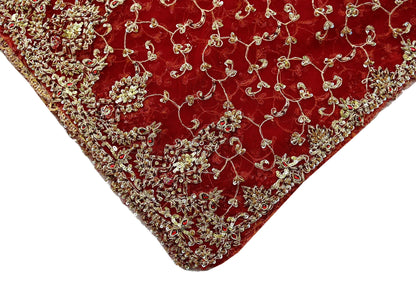 Indian Vintage Heavy Bridal Red Dupatta Net Mesh Long Stole Hand Embroidered Scarves Zardozi Dabka Zari Wedding dupatta veil hijab