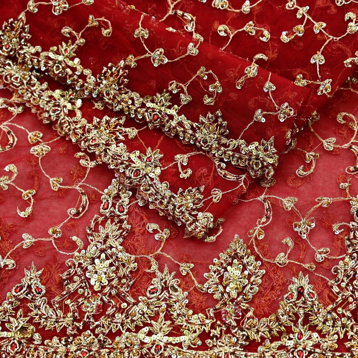 Indian Vintage Heavy Bridal Red Dupatta Net Mesh Long Stole Hand Embroidered Scarves Zardozi Dabka Zari Wedding dupatta veil hijab