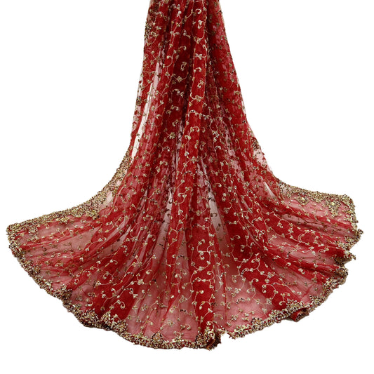 Indian Vintage Heavy Bridal Red Dupatta Net Mesh Long Stole Hand Embroidered Scarves Zardozi Dabka Zari Wedding dupatta veil hijab