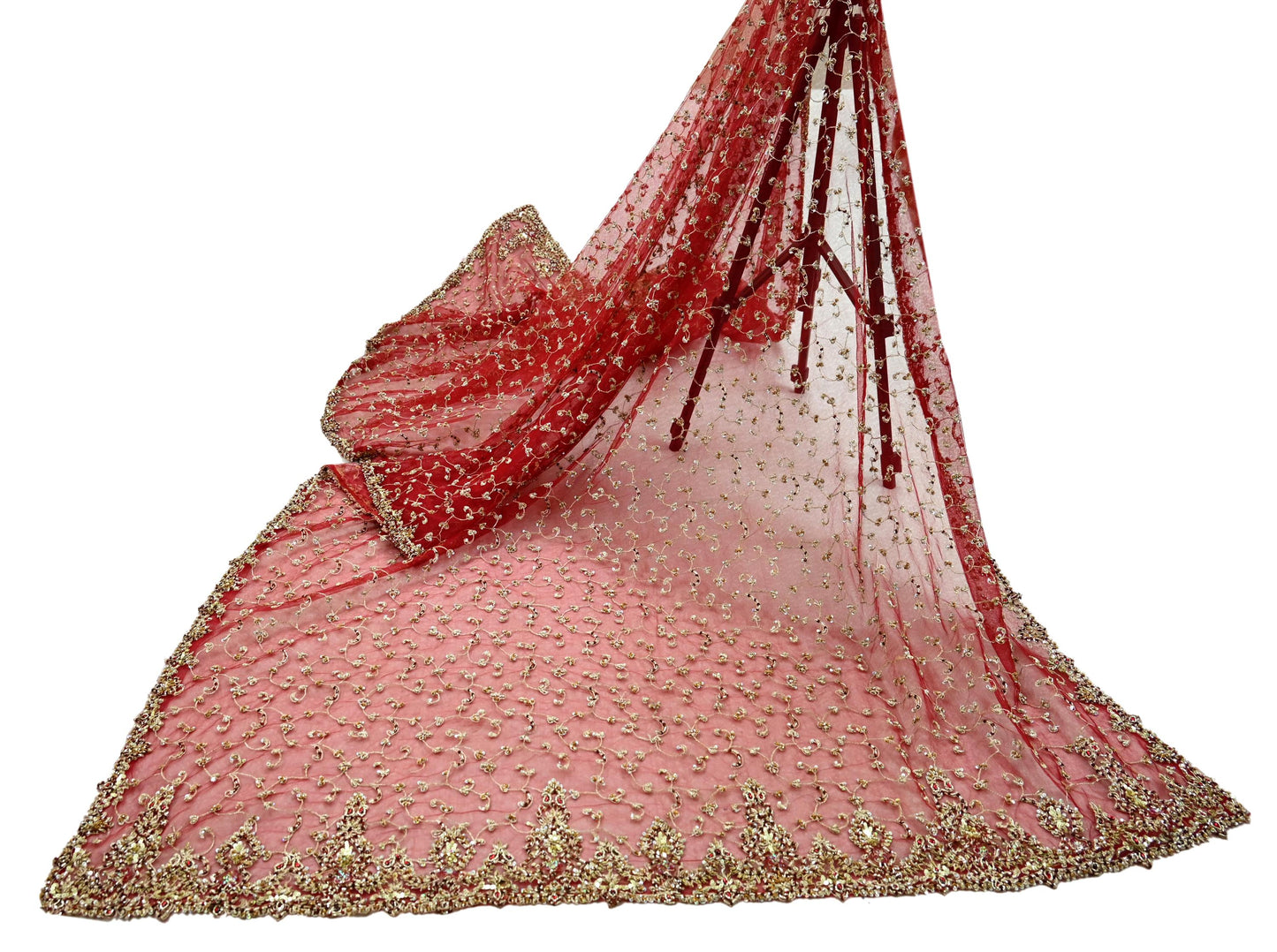 Indian Vintage Heavy Bridal Red Dupatta Net Mesh Long Stole Hand Embroidered Scarves Zardozi Dabka Zari Wedding dupatta veil hijab