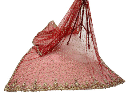 Indian Vintage Heavy Bridal Red Dupatta Net Mesh Long Stole Hand Embroidered Scarves Zardozi Dabka Zari Wedding dupatta veil hijab