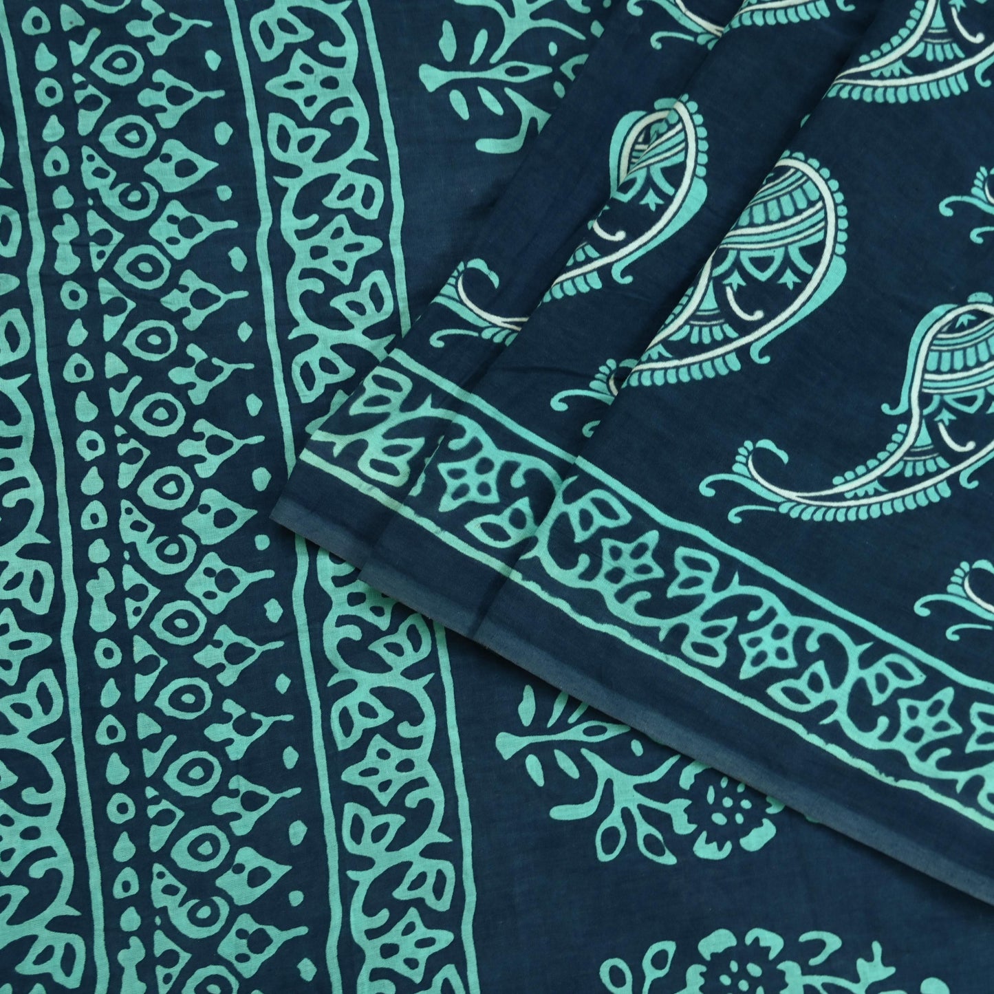 Indian Vintage Sari Blue Block Printed Pure Cotton Sarees 5Yd Craft Fabric Soft Sewing Sarong Wrap Boho Upcycle quilting Dress making