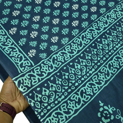 Indian Vintage Sari Blue Block Printed Pure Cotton Sarees 5Yd Craft Fabric Soft Sewing Sarong Wrap Boho Upcycle quilting Dress making