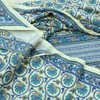 Indian Vintage Sari Blue & Ivory Block Printed Pure Cotton Sarees 5Yd Craft Fabric Sewing Sarong Wrap Boho Upcycle quilting Dress making