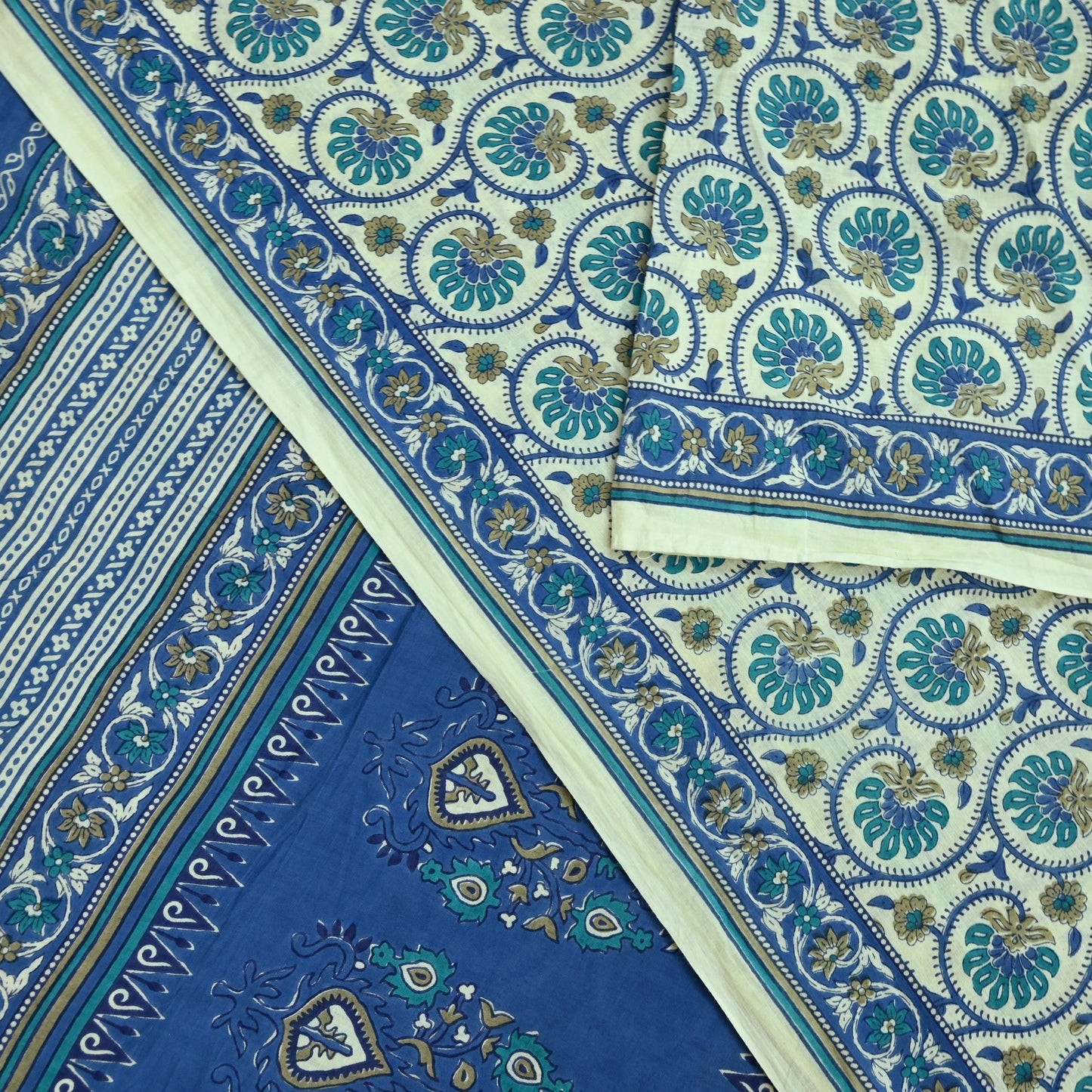 Indian Vintage Sari Blue & Ivory Block Printed Pure Cotton Sarees 5Yd Craft Fabric Sewing Sarong Wrap Boho Upcycle quilting Dress making