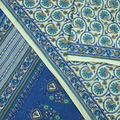 Indian Vintage Sari Blue & Ivory Block Printed Pure Cotton Sarees 5Yd Craft Fabric Sewing Sarong Wrap Boho Upcycle quilting Dress making