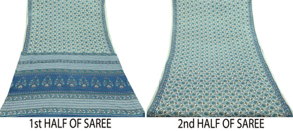 Indian Vintage Sari Blue & Ivory Block Printed Pure Cotton Sarees 5Yd Craft Fabric Sewing Sarong Wrap Boho Upcycle quilting Dress making