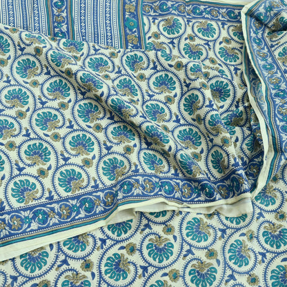 Indian Vintage Sari Blue & Ivory Block Printed Pure Cotton Sarees 5Yd Craft Fabric Sewing Sarong Wrap Boho Upcycle quilting Dress making