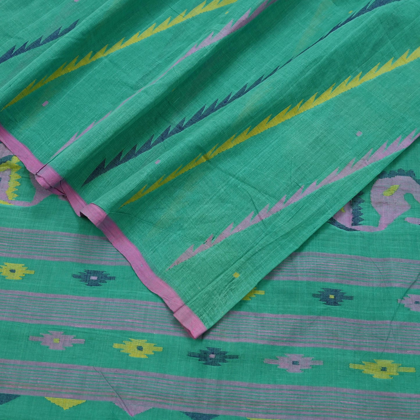 Indian Vintage Sari Green Pure Cotton Bengali Handloom Tant Sarees Craft Fabric 5Yd Sewing Soft Crafting Dress making Upcycle Quilting