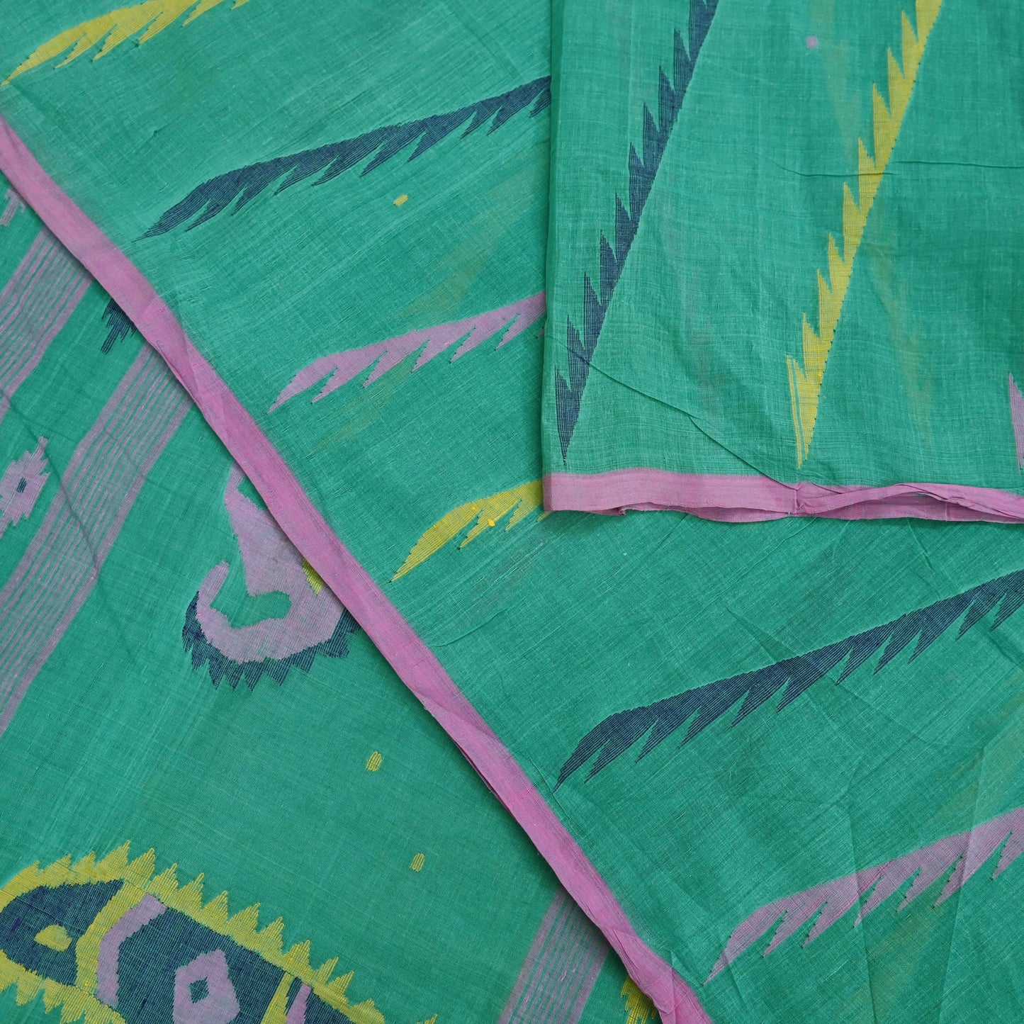 Indian Vintage Sari Green Pure Cotton Bengali Handloom Tant Sarees Craft Fabric 5Yd Sewing Soft Crafting Dress making Upcycle Quilting