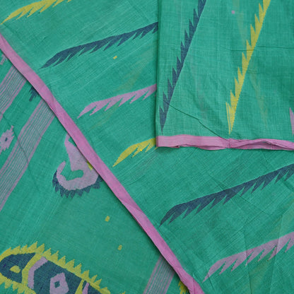 Indian Vintage Sari Green Pure Cotton Bengali Handloom Tant Sarees Craft Fabric 5Yd Sewing Soft Crafting Dress making Upcycle Quilting