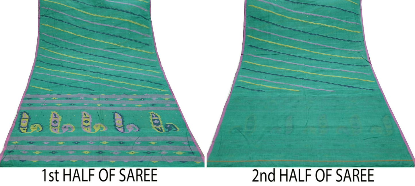 Indian Vintage Sari Green Pure Cotton Bengali Handloom Tant Sarees Craft Fabric 5Yd Sewing Soft Crafting Dress making Upcycle Quilting