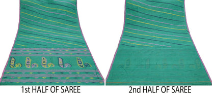 Indian Vintage Sari Green Pure Cotton Bengali Handloom Tant Sarees Craft Fabric 5Yd Sewing Soft Crafting Dress making Upcycle Quilting