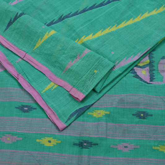 Indian Vintage Sari Green Pure Cotton Bengali Handloom Tant Sarees Craft Fabric 5Yd Sewing Soft Crafting Dress making Upcycle Quilting