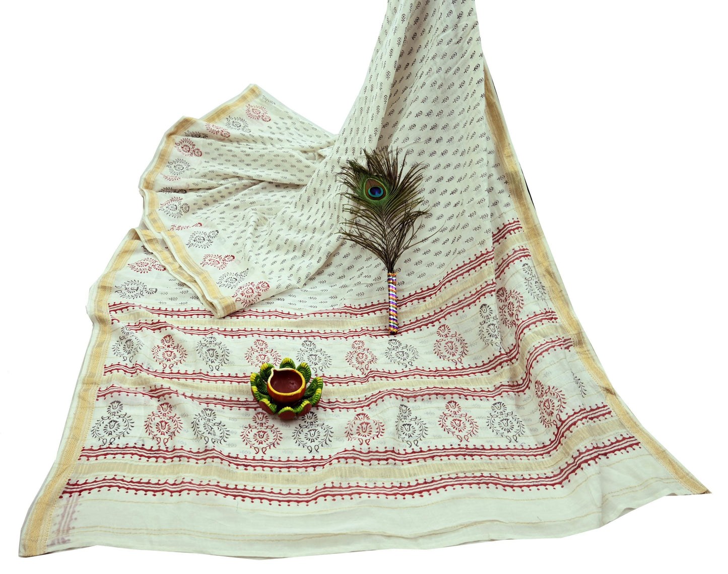 Indian Vintage Sari White Pure chanderi Silk Bagru Printed Sarees Fabric 5Yd Floral Soft Golden Zari Border Ethnic Dress making Upcycle