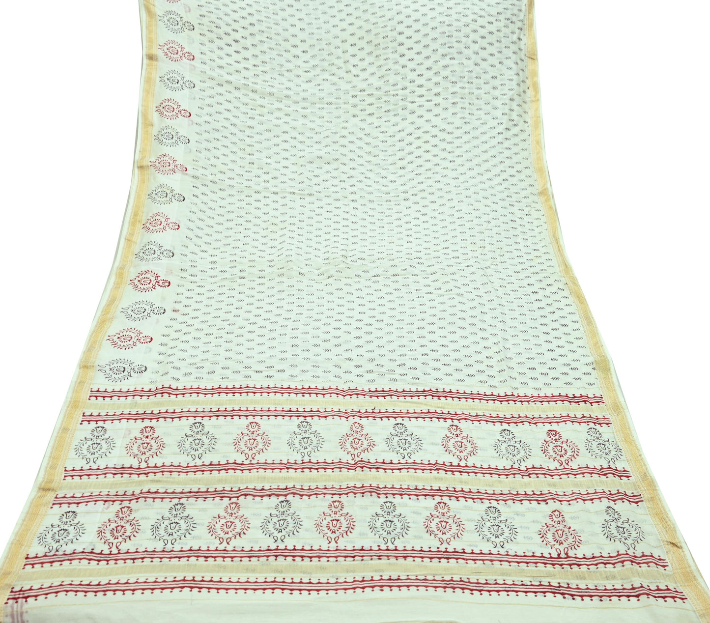 Indian Vintage Sari White Pure chanderi Silk Bagru Printed Sarees Fabric 5Yd Floral Soft Golden Zari Border Ethnic Dress making Upcycle