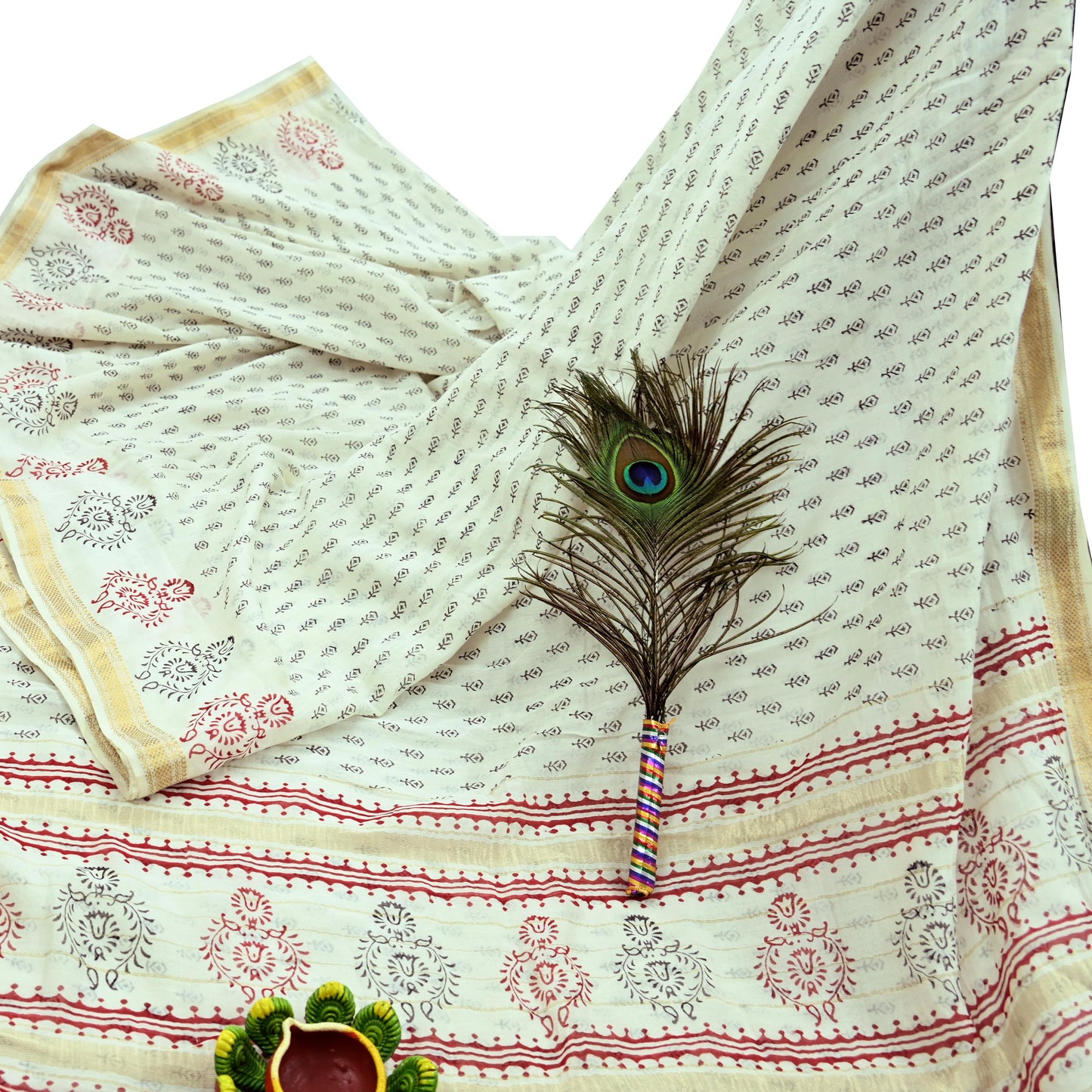 Indian Vintage Sari White Pure chanderi Silk Bagru Printed Sarees Fabric 5Yd Floral Soft Golden Zari Border Ethnic Dress making Upcycle