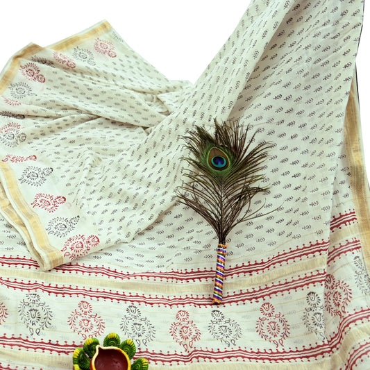 Indian Vintage Sari White Pure chanderi Silk Bagru Printed Sarees Fabric 5Yd Floral Soft Golden Zari Border Ethnic Dress making Upcycle