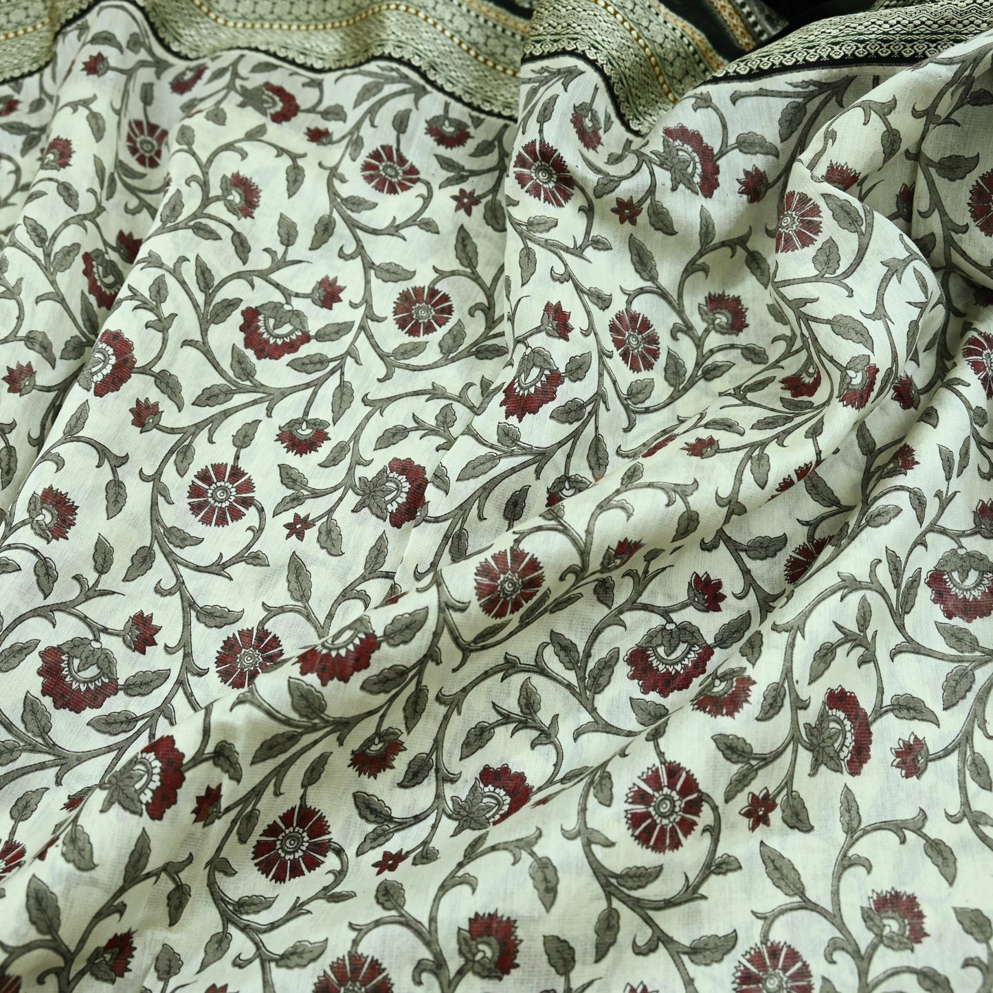 Indian Vintage Sari White Pure chanderi Silk Block Printed Sarees Craft Fabric 5Yd Zari Border Floral Dress making bollywood