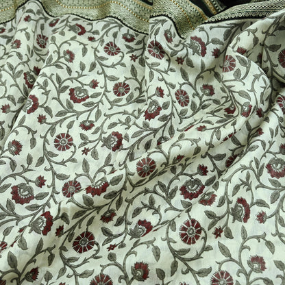 Indian Vintage Sari White Pure chanderi Silk Block Printed Sarees Craft Fabric 5Yd Zari Border Floral Dress making bollywood