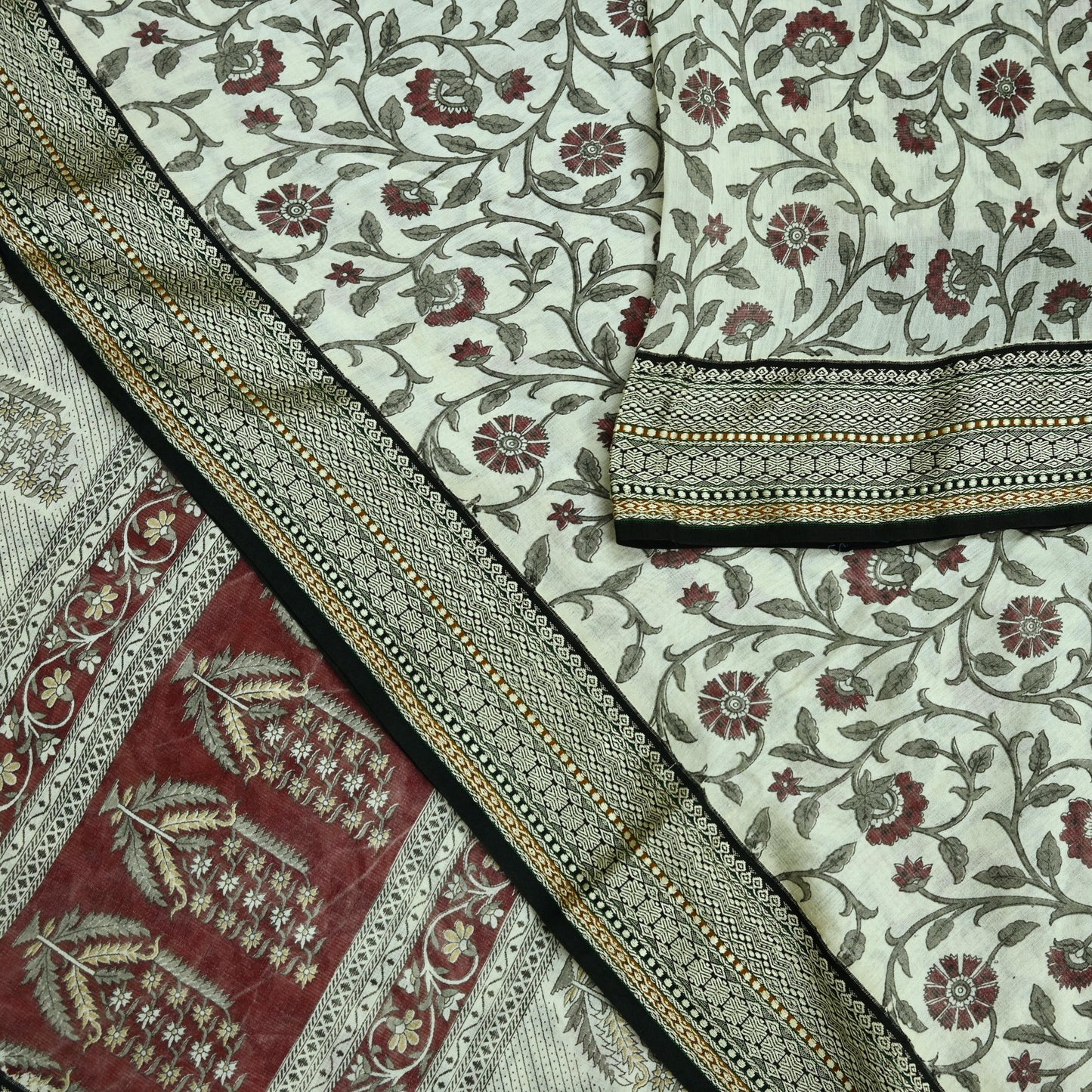 Indian Vintage Sari White Pure chanderi Silk Block Printed Sarees Craft Fabric 5Yd Zari Border Floral Dress making bollywood