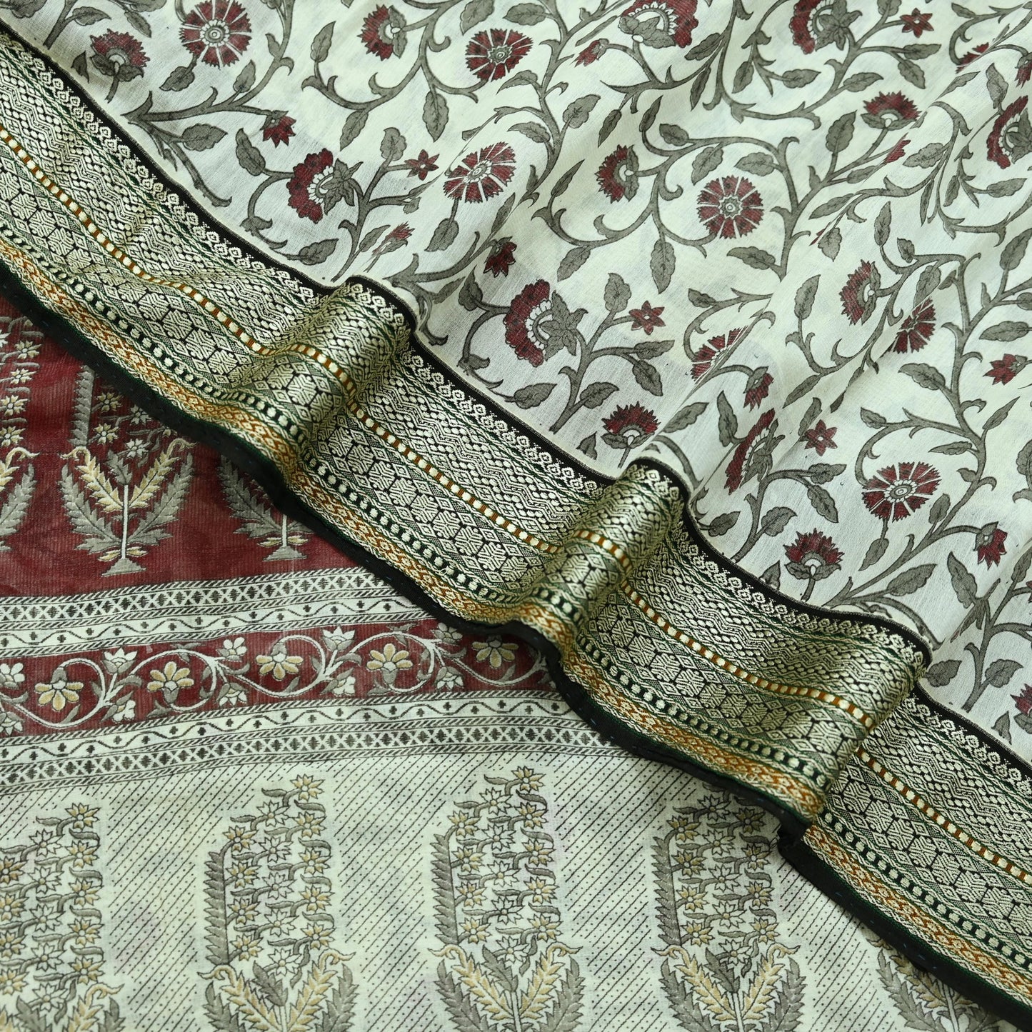 Indian Vintage Sari White Pure chanderi Silk Block Printed Sarees Craft Fabric 5Yd Zari Border Floral Dress making bollywood