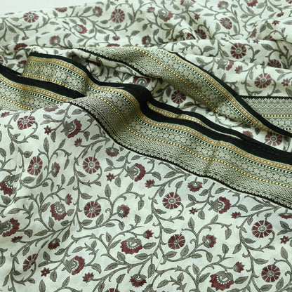 Indian Vintage Sari White Pure chanderi Silk Block Printed Sarees Craft Fabric 5Yd Zari Border Floral Dress making bollywood