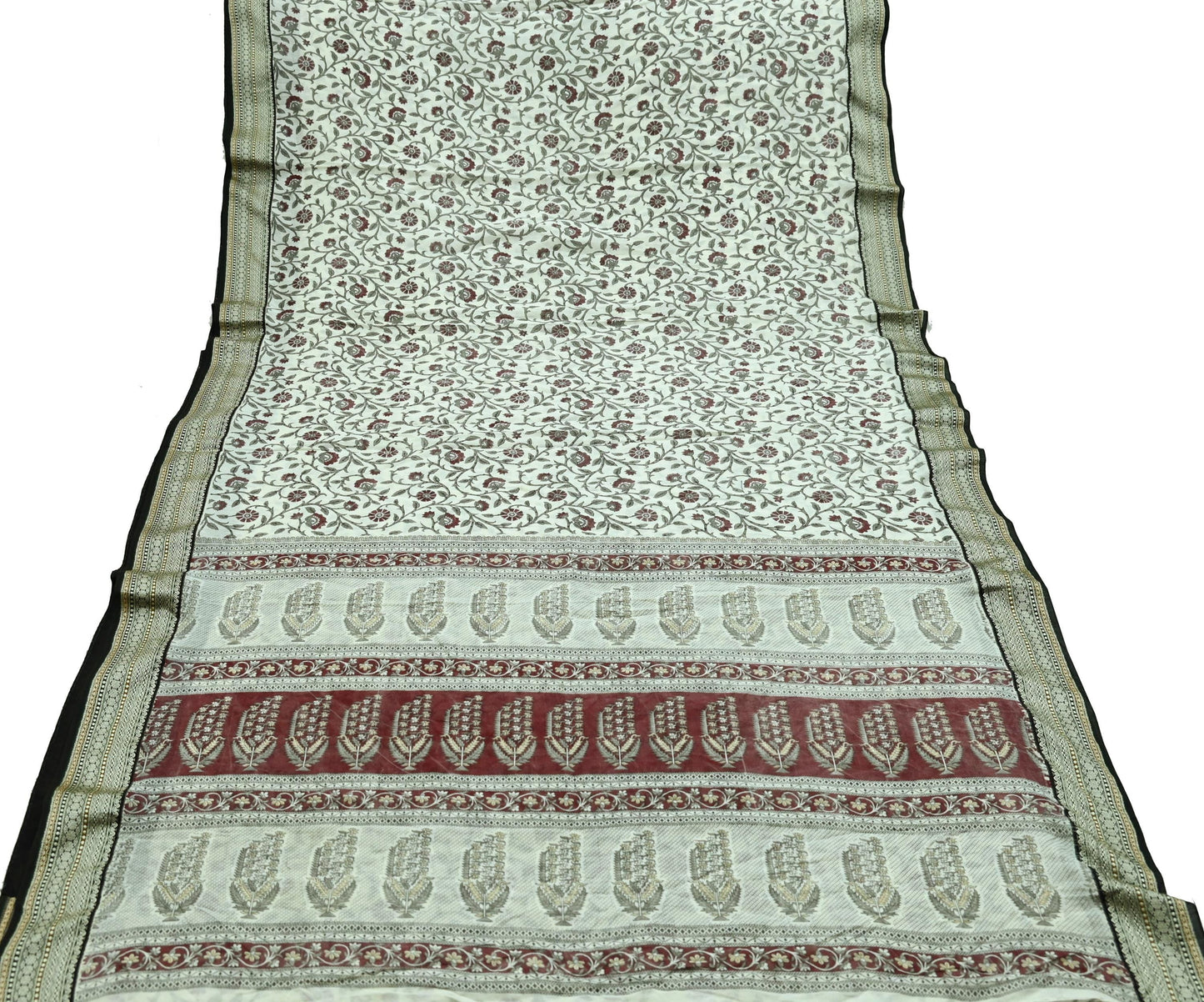 Indian Vintage Sari White Pure chanderi Silk Block Printed Sarees Craft Fabric 5Yd Zari Border Floral Dress making bollywood