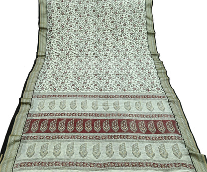 Indian Vintage Sari White Pure chanderi Silk Block Printed Sarees Craft Fabric 5Yd Zari Border Floral Dress making bollywood