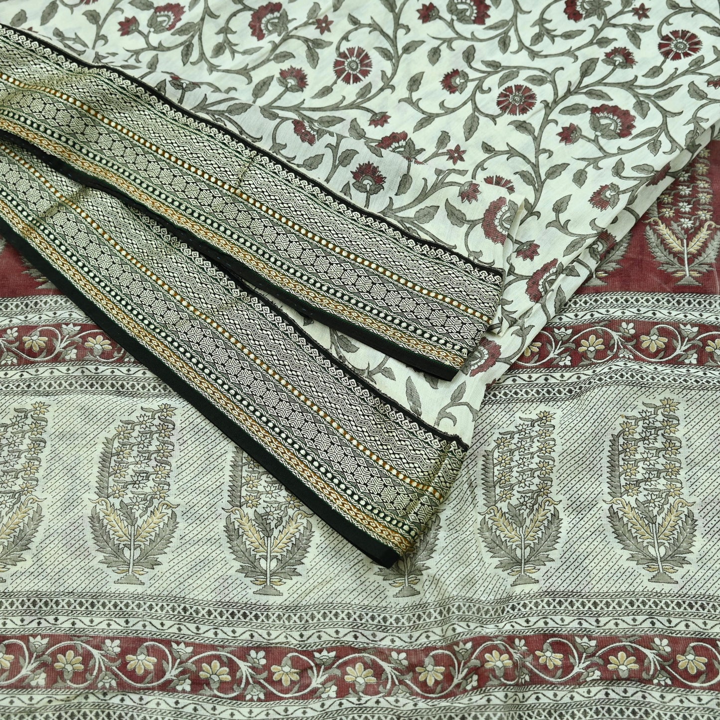 Indian Vintage Sari White Pure chanderi Silk Block Printed Sarees Craft Fabric 5Yd Zari Border Floral Dress making bollywood