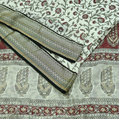 Indian Vintage Sari White Pure chanderi Silk Block Printed Sarees Craft Fabric 5Yd Zari Border Floral Dress making bollywood