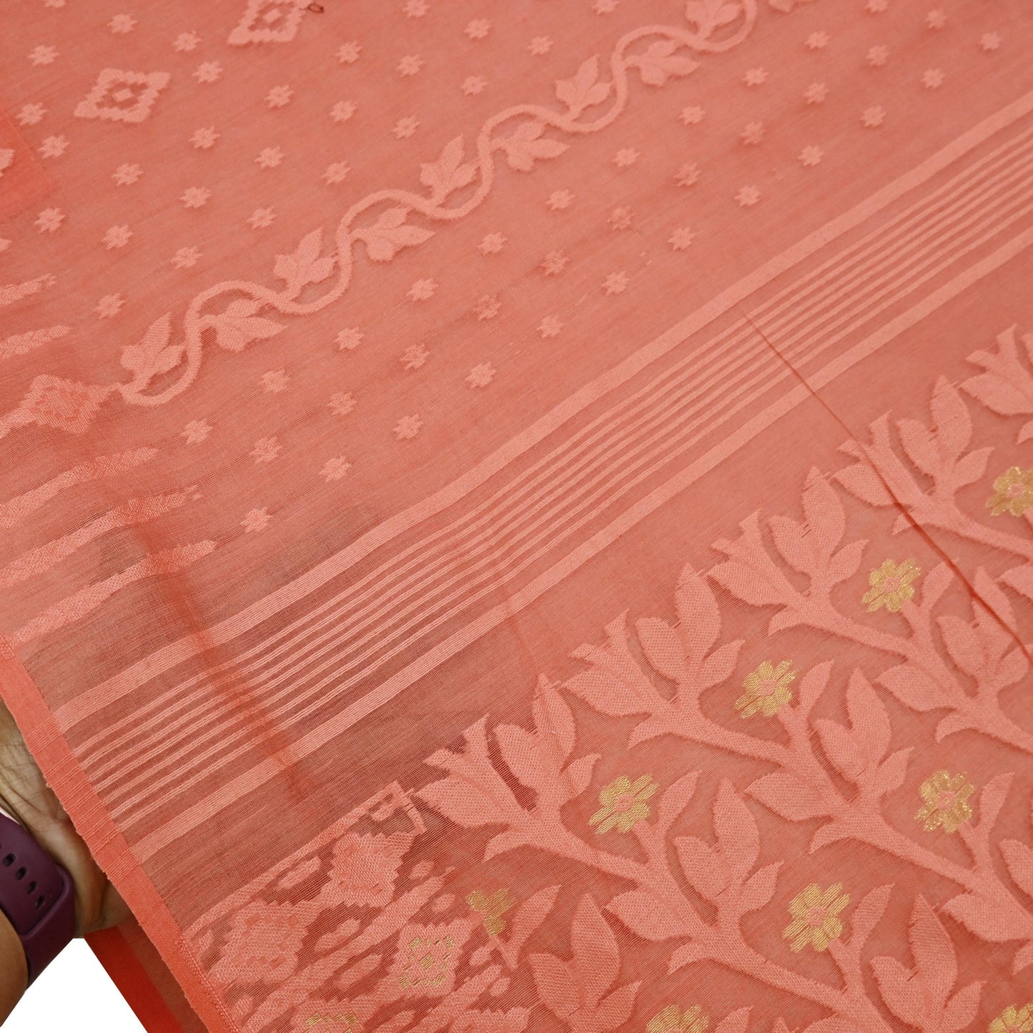 Indian Vintage Sarees Peach Pure Cotton Hand Woven Jamdani Sari 5yd Ethnic Floral Craft Fabric Dress making Upcycle Crafting Quilting
