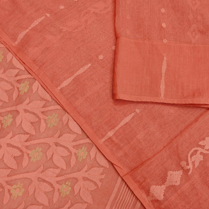 Indian Vintage Sarees Peach Pure Cotton Hand Woven Jamdani Sari 5yd Ethnic Floral Craft Fabric Dress making Upcycle Crafting Quilting