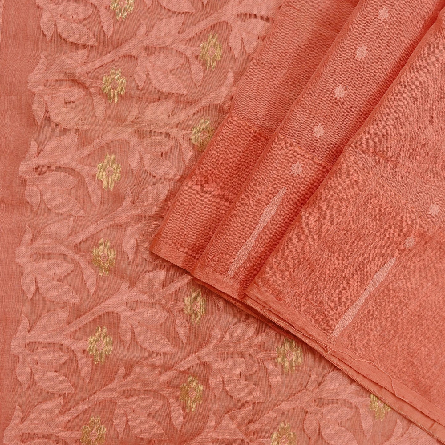 Indian Vintage Sarees Peach Pure Cotton Hand Woven Jamdani Sari 5yd Ethnic Floral Craft Fabric Dress making Upcycle Crafting Quilting