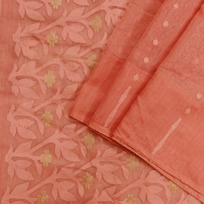 Indian Vintage Sarees Peach Pure Cotton Hand Woven Jamdani Sari 5yd Ethnic Floral Craft Fabric Dress making Upcycle Crafting Quilting