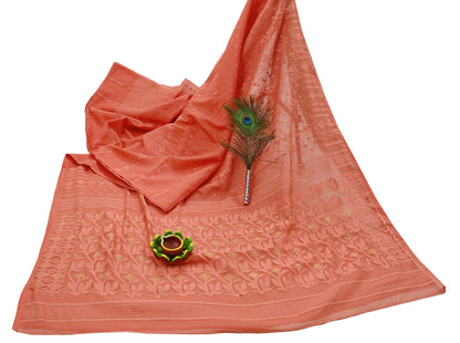 Indian Vintage Sarees Peach Pure Cotton Hand Woven Jamdani Sari 5yd Ethnic Floral Craft Fabric Dress making Upcycle Crafting Quilting